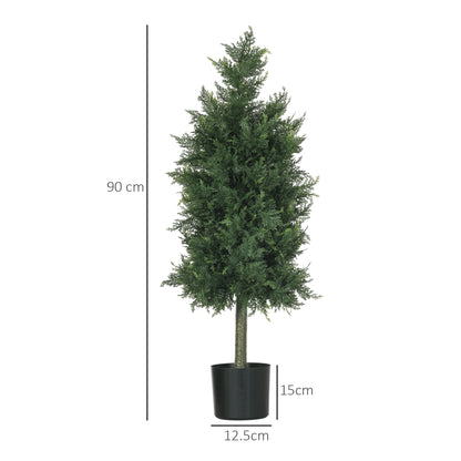 HOMCOM Set of 2 Fake Cedar Plants in PE with PP Plastic Pot, in Steel and Cement, 38x12.5x90 cm, Green - Borgè