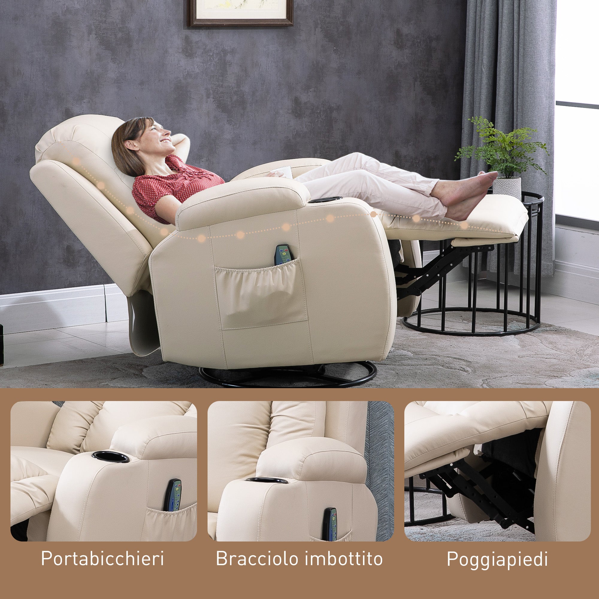 8-Point Reclining Massage Chair with Cup Holder and Remote Control, 85x94x104 cm, Beige