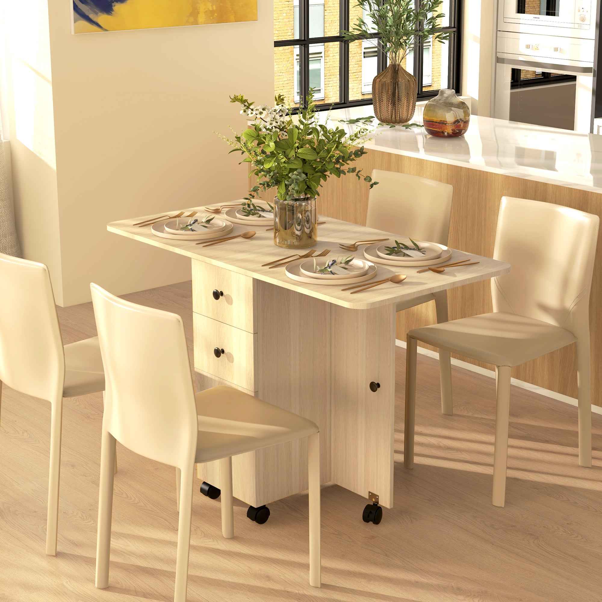 HOMCOM Folding Table with 2 Drawers and Cabinet, 6 Wheels and Brakes, 120x60x76.5 cm, Wood Color