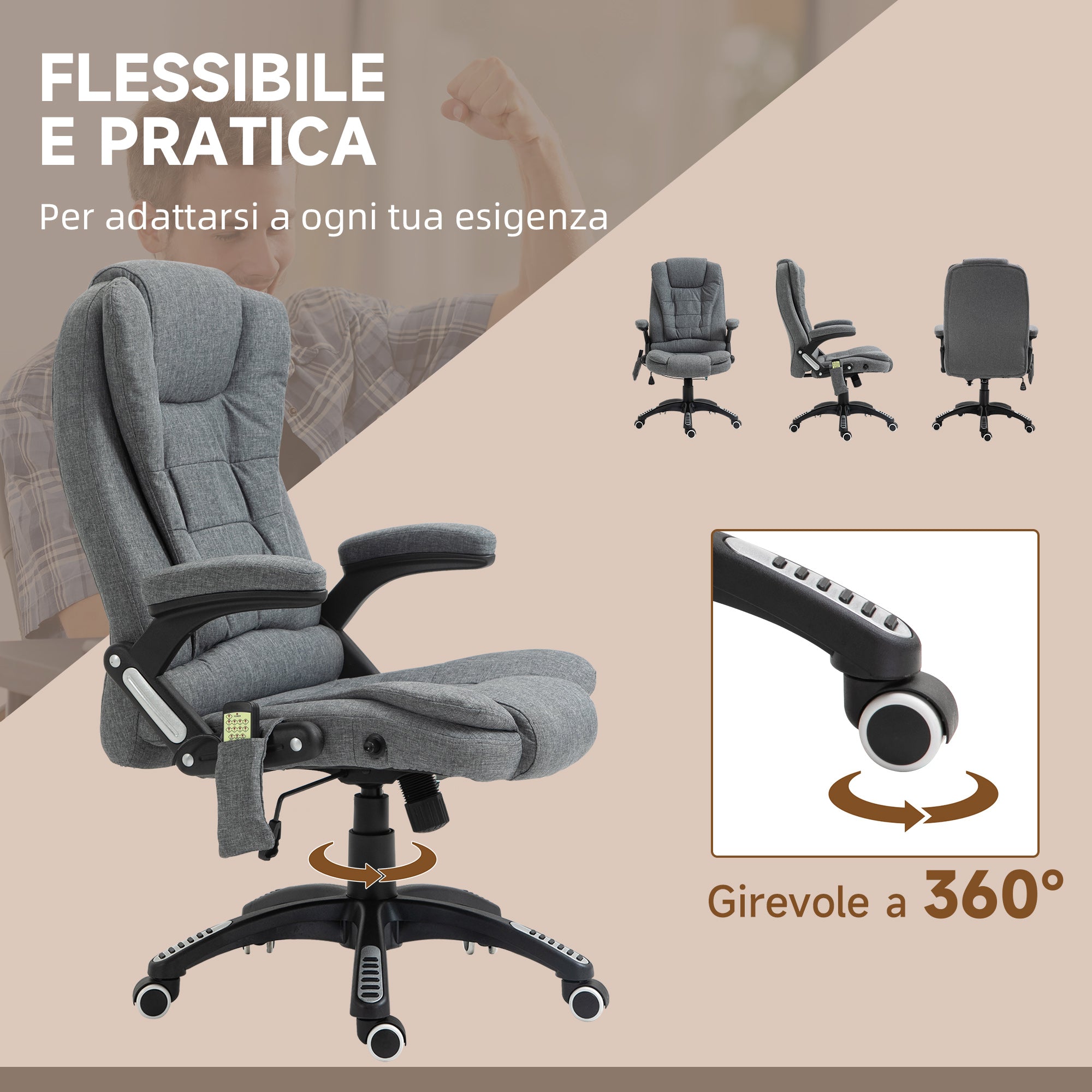6-Point Vibration Massage Office Chair with Rocking Function and Heat, Reclining Office Chair with Adjustable Height, Remote Control and Side Pocket in Fabric, Grey