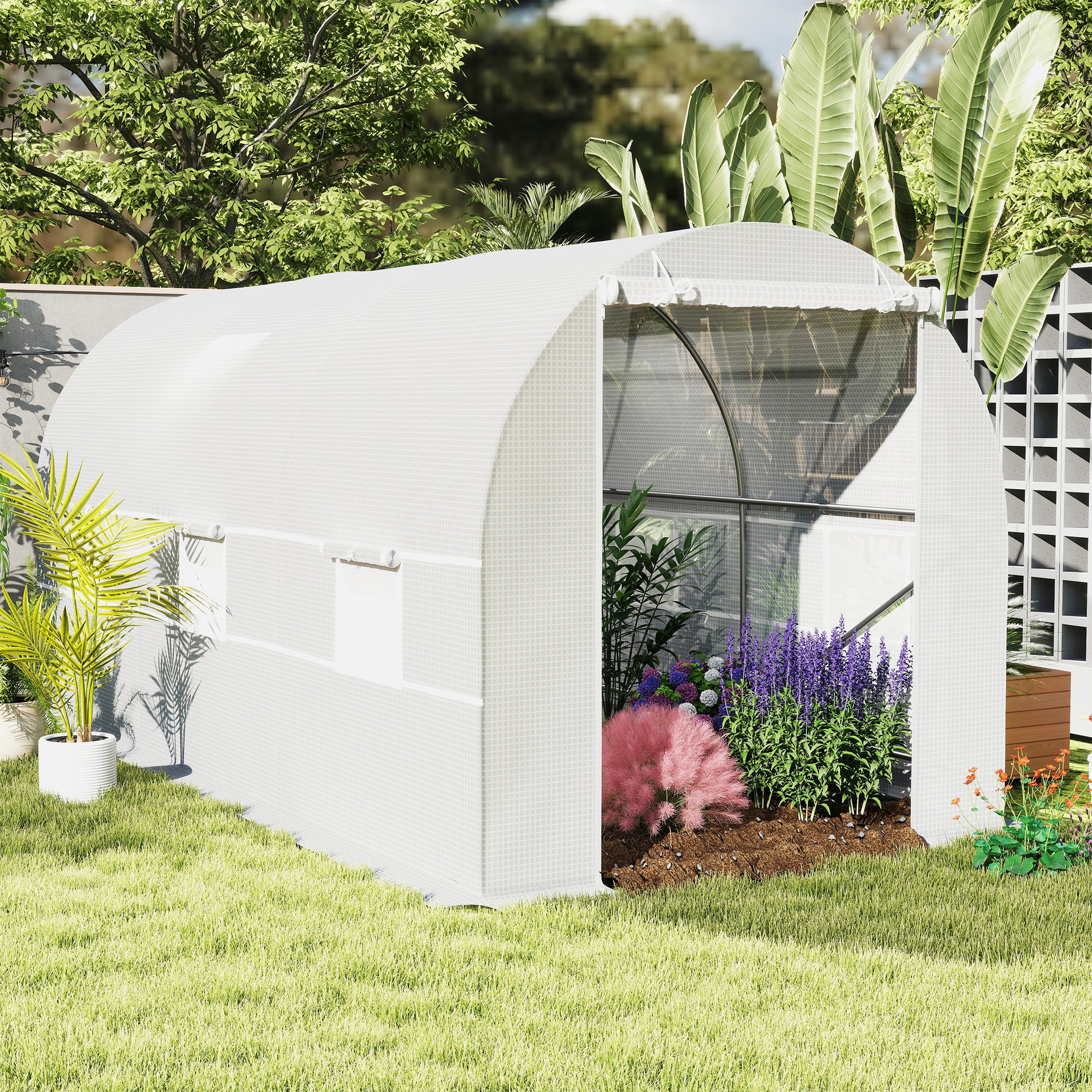 Outsunny 4.5x2x2m Tunnel Greenhouse with PE Cover and Metal Tubes, White