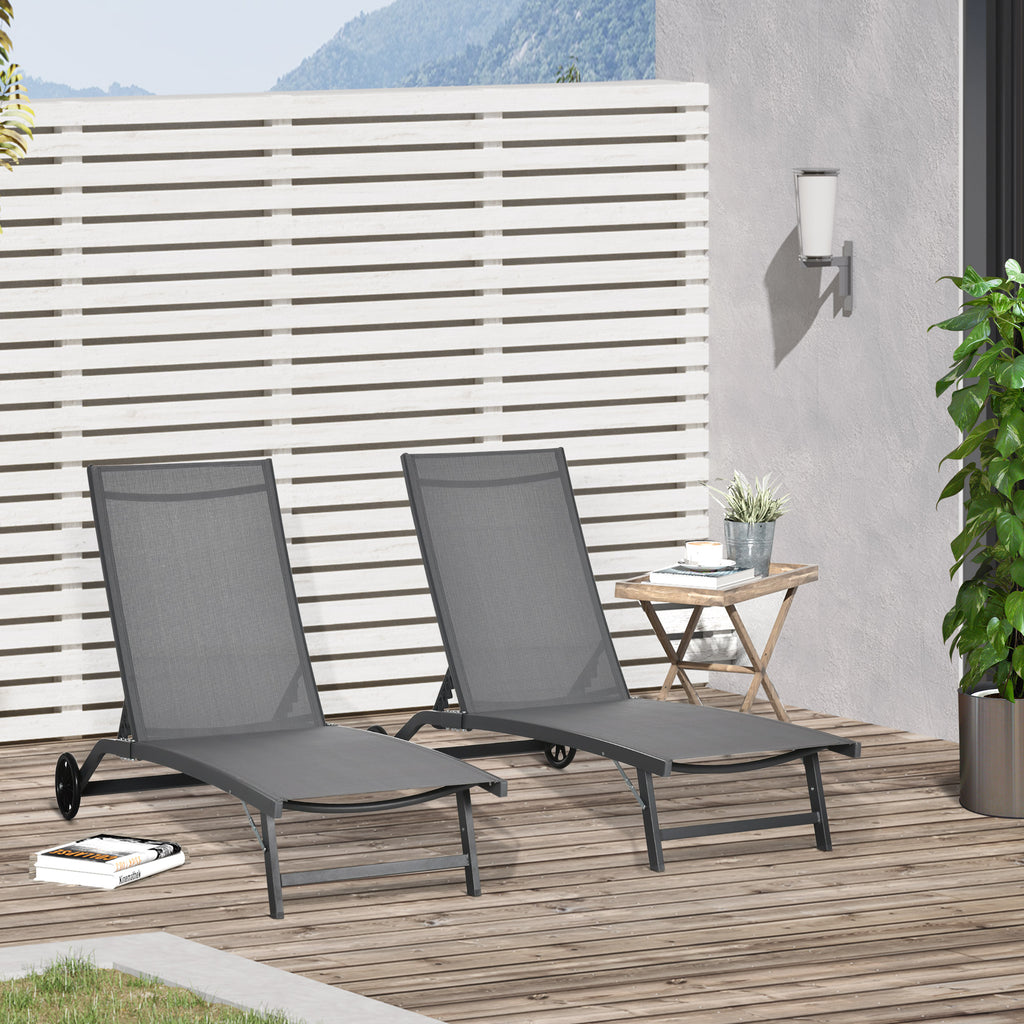 Outsunny Set of 2 Sun Loungers with Reclining Backrest, in Aluminum and Breathable Fabric, 66x165x102 cm, Dark Gray