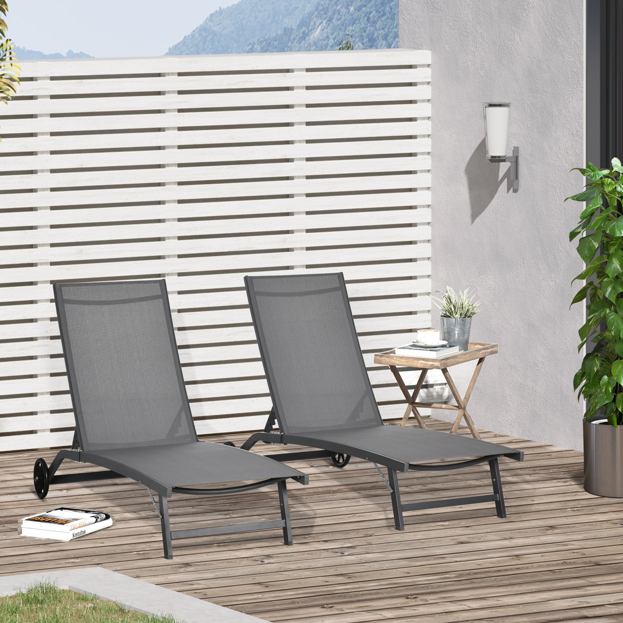 Outsunny Set of 2 Sun Loungers with Reclining Backrest, in Aluminum and Breathable Fabric, 66x165x102 cm, Dark Gray