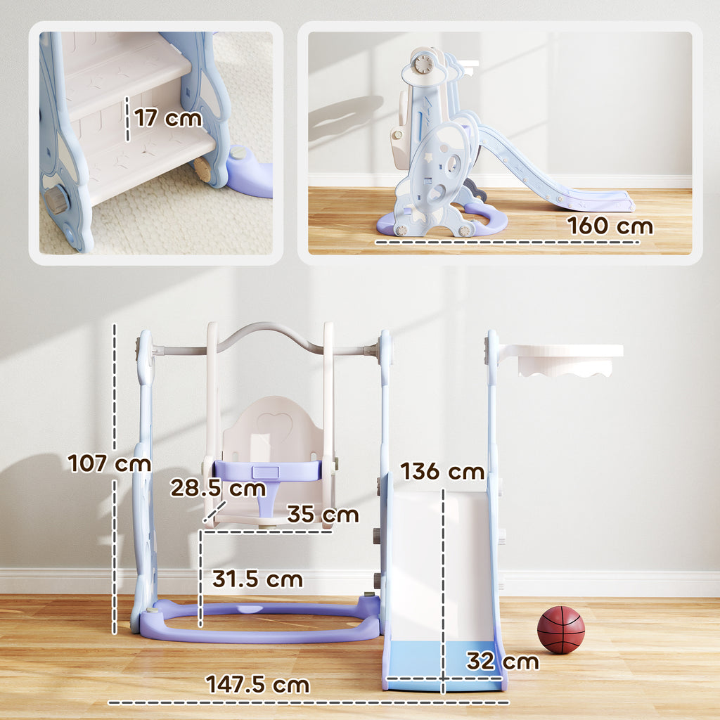 4 in 1 Children's Game with Slide, Swing, Climbing and Hoop, 147.5x160x107 cm, Light Blue