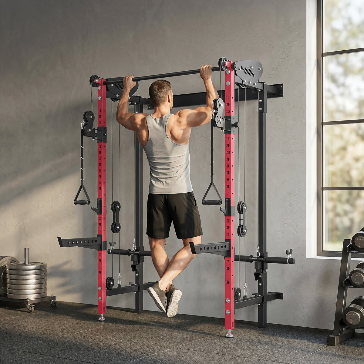 SPORTNOW Folding Power Cage, Rack with Pull-Up Bar and Cable Pulley System, Red