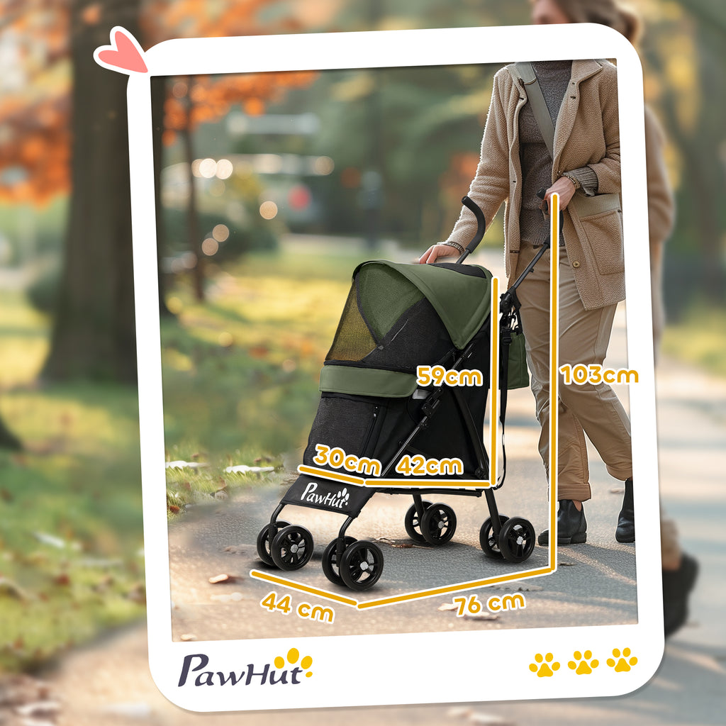 Dog Stroller with 2 Mesh Windows, in Steel and Oxford Fabric, 76x44x103 cm, Black and Dark Green