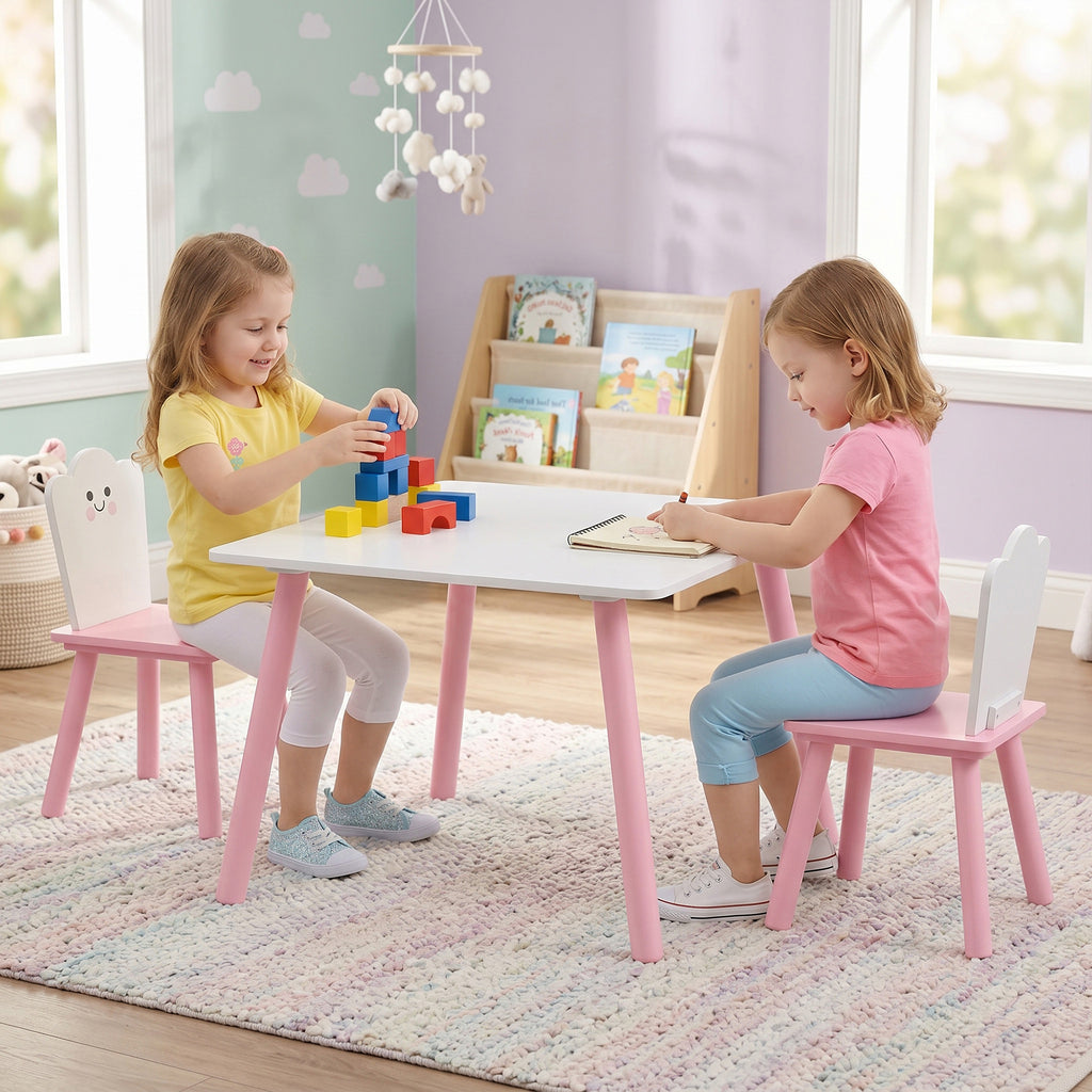 AIYAPLAY Wooden Table and 2 Chairs Set for Children Ages 3-6 with Rounded Corners, Pink