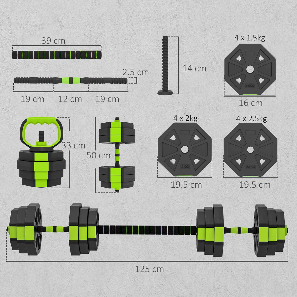 SPORTNOW 6-in-1 Multifunction Gym Weight Set, 25kg Total, Made of Plastic and Sand, 125x18x18 cm, Green