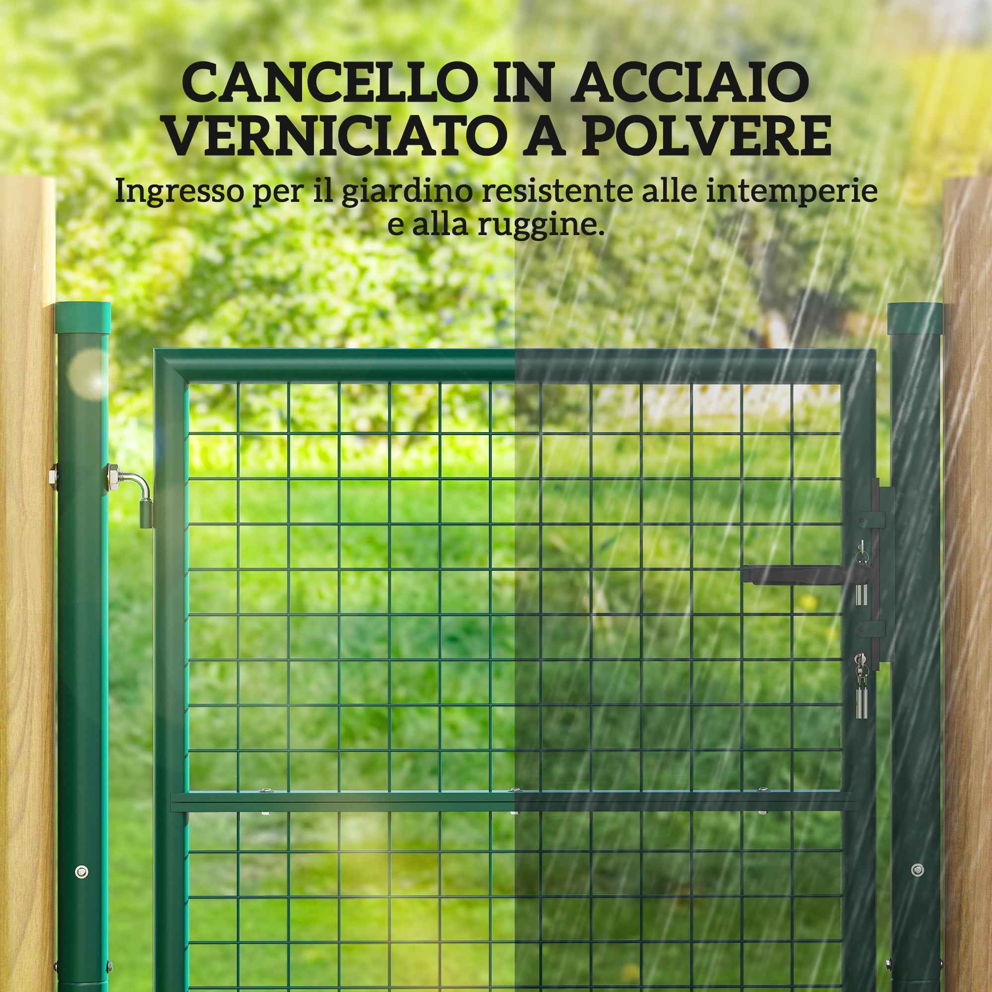 Outsunny Steel Garden Gate 97x150 cm, Garden Gate with Lock, 3 Keys, Handle and 2 Posts