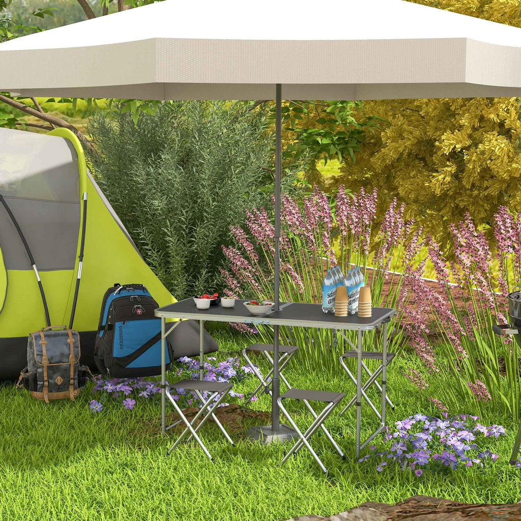 Outsunny Folding and Adjustable Camping Table Set with 4 Chairs and Umbrella Hole, Made of Aluminum and Wood, Black