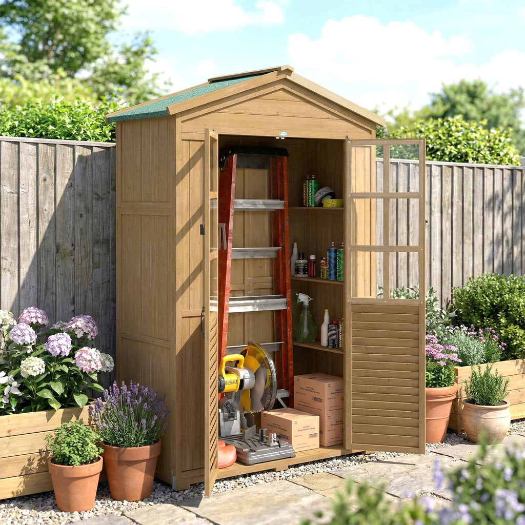 Outsunny Wooden Garden Cabinet with Clear Windows, 128x57.5x197 cm, Light Brown