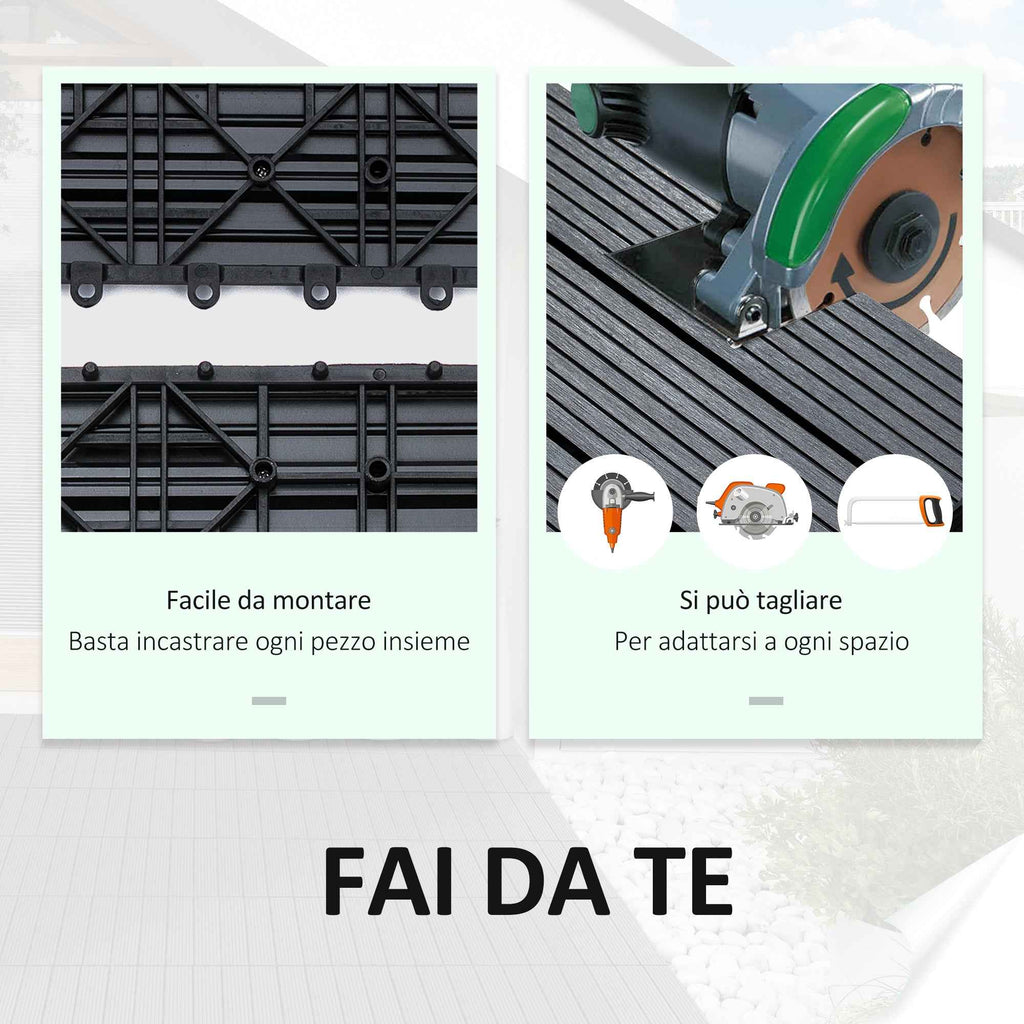 Outsunny Set of 11 Non-Slip Interlocking Outdoor Tiles in Recycled HDPE, 30x30x2.2 cm, Grey