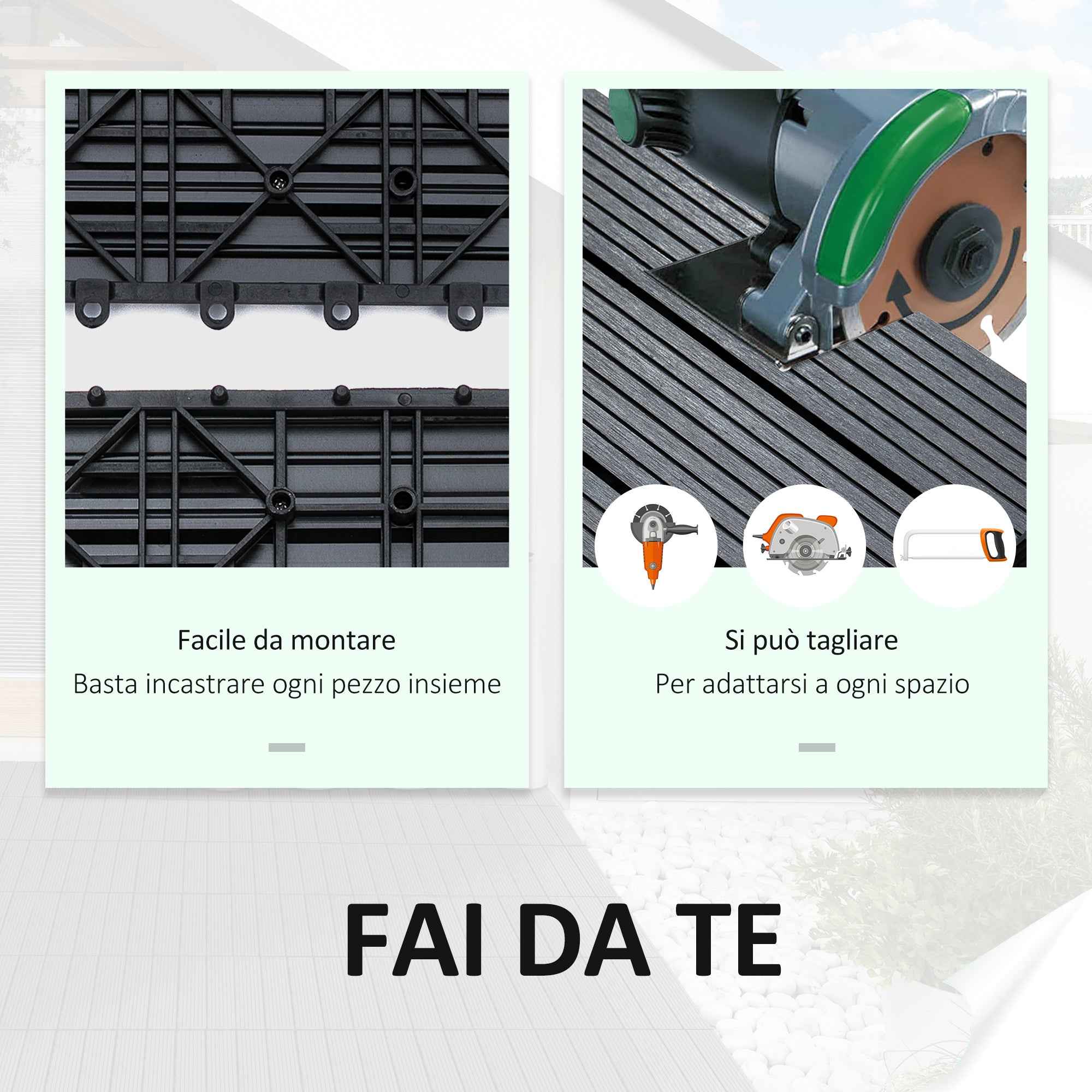 Outsunny Set of 11 Non-Slip Interlocking Outdoor Tiles in Recycled HDPE, 30x30x2.2 cm, Grey