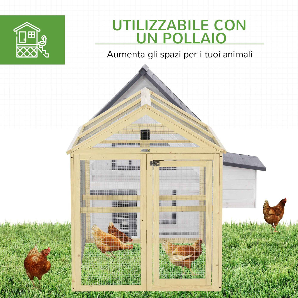 PawHut Outdoor Wooden Chicken Run with Multiple Doors and Metal Mesh, 140x88.5x106 cm, Wood Color
