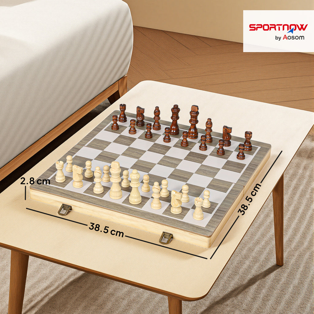 SPORTNOW Folding Chess and Checkers Board with Compartments, Wood and Metal, 38.5 x 38.5 x 2.8 cm, Black and White