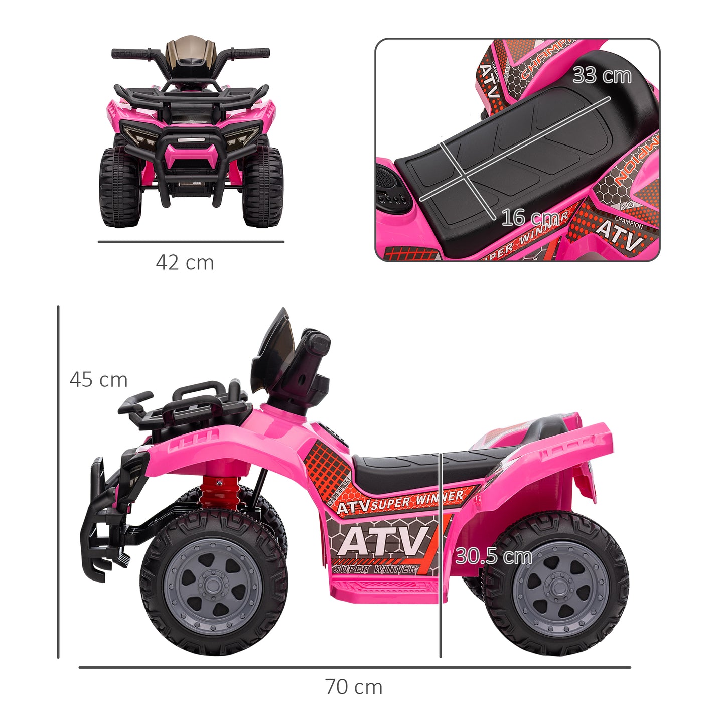 Electric Quad for Children 18-36 Months with 6V Rechargeable Battery, in Metal and PP, 70x42x45 cm, Pink