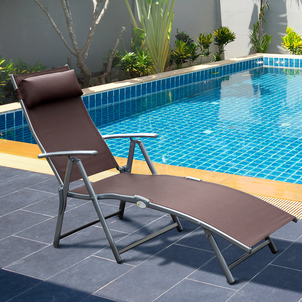 Folding Garden Lounger with Cushion, 7-Reclining Backrest, 137x63.5x100.5cm, Brown