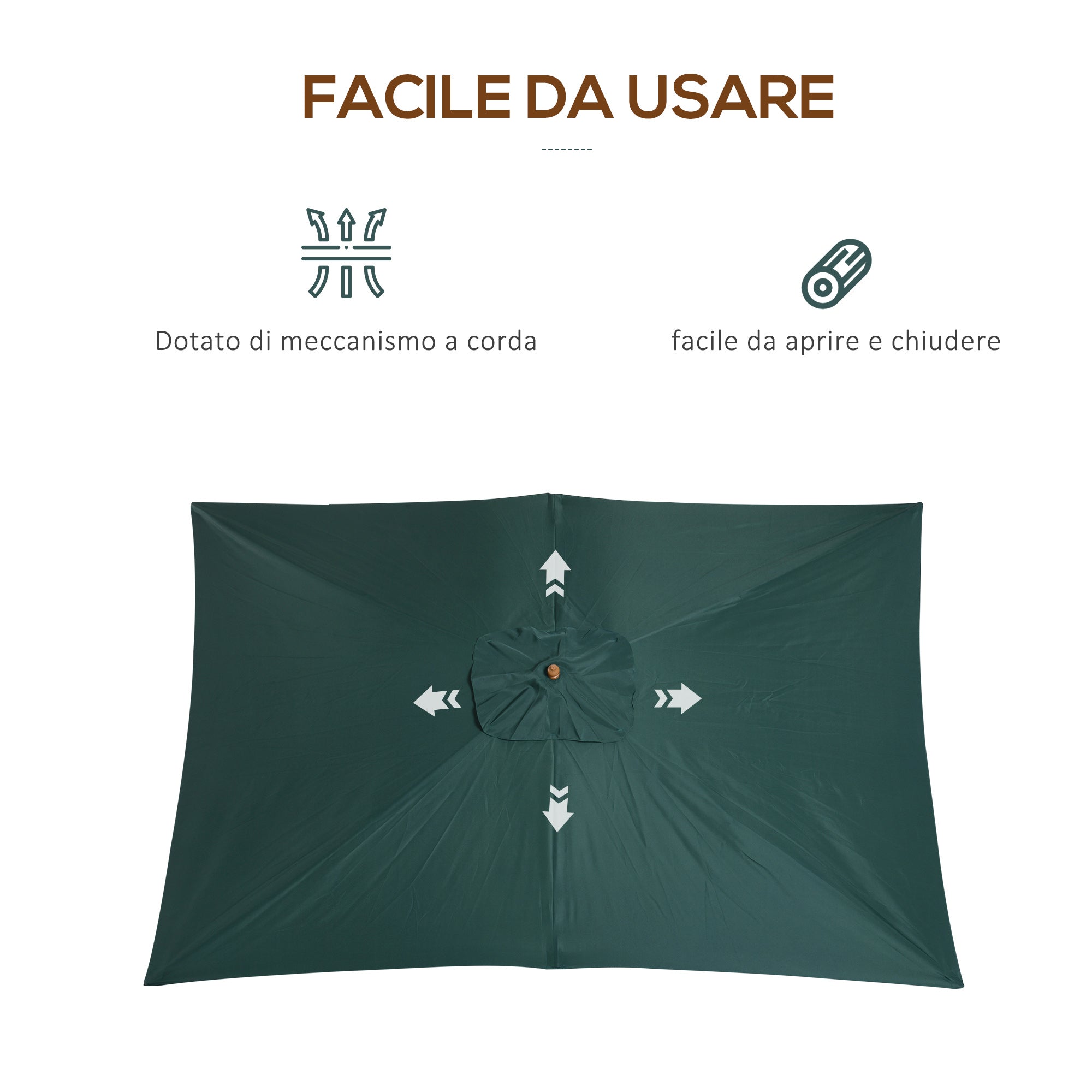 2x3m Garden Umbrella in Lacquered Wood and Bamboo with Removable Cover, Dark Green