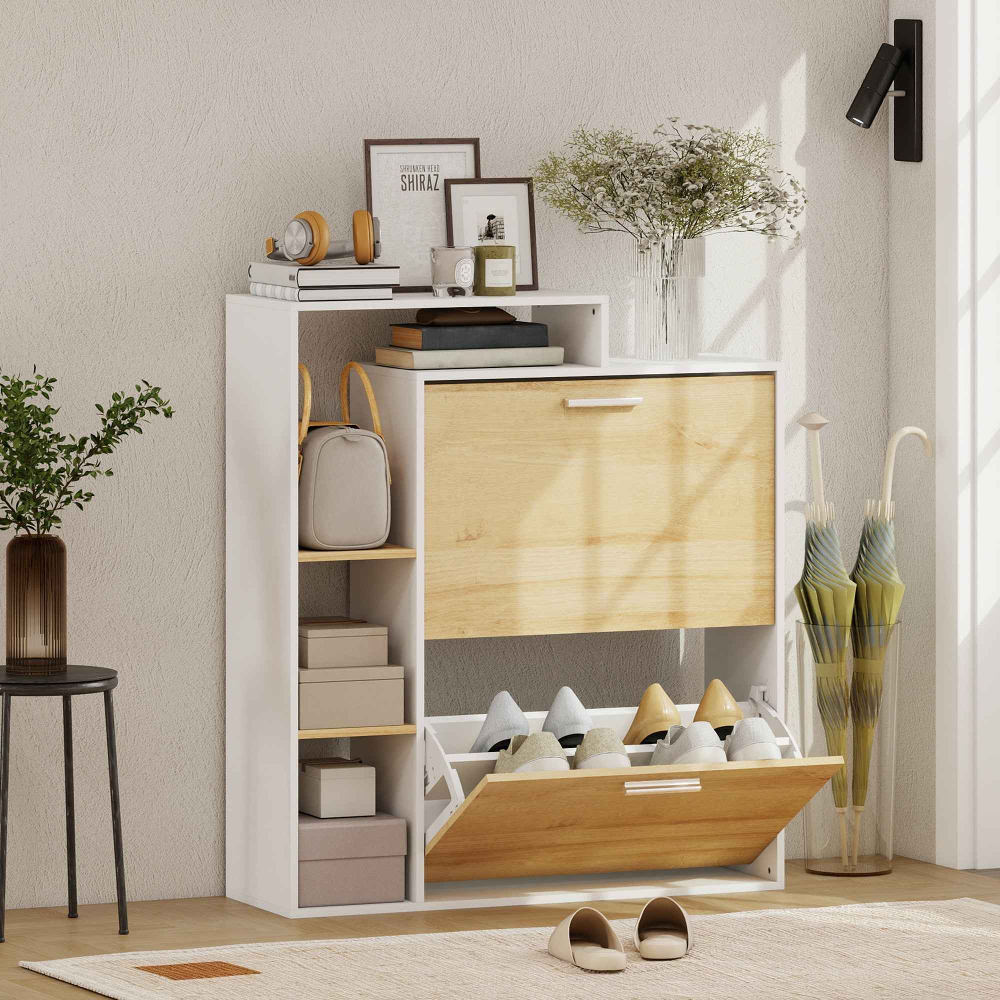 HOMCOM Shoe Cabinet with 2 Hinged Drawers and Shelves, White and Natural Wood.