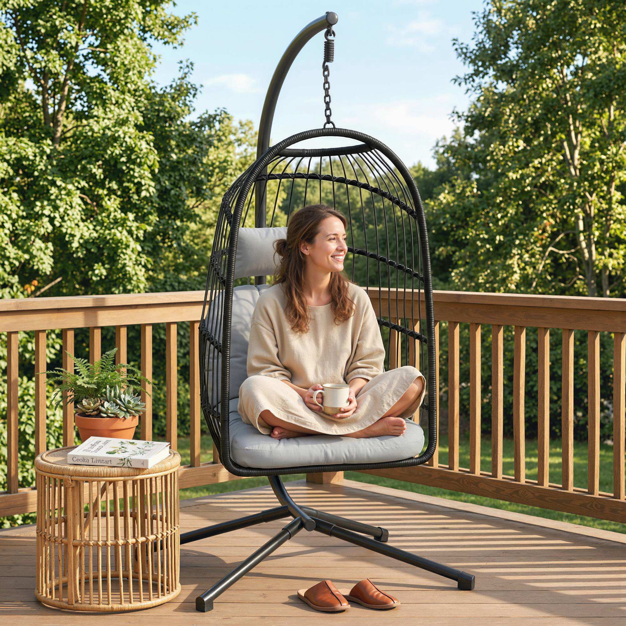 Outsunny Hanging Egg Chair with Stand and Safety Strap, 105x101x196 cm, Black and Light Grey