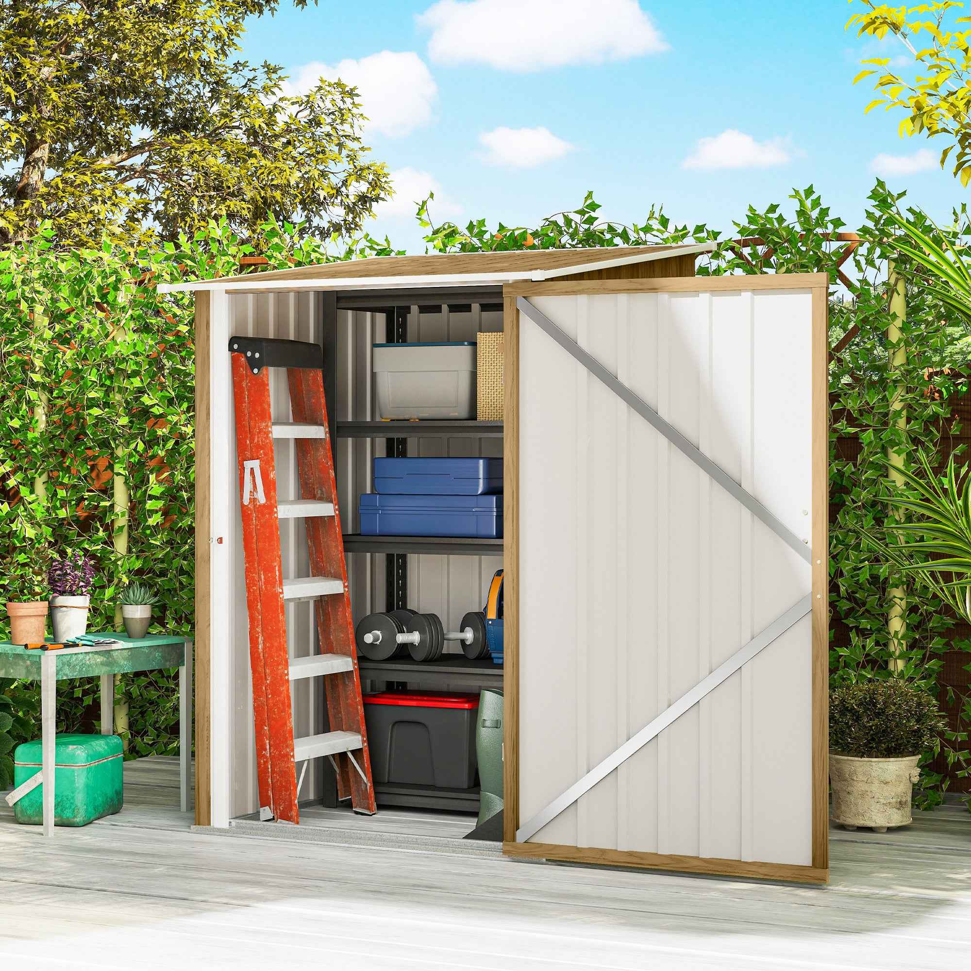 Outsunny Galvanized Steel Garden Shed with Hinged Door, 100x104x160 cm, Light Brown