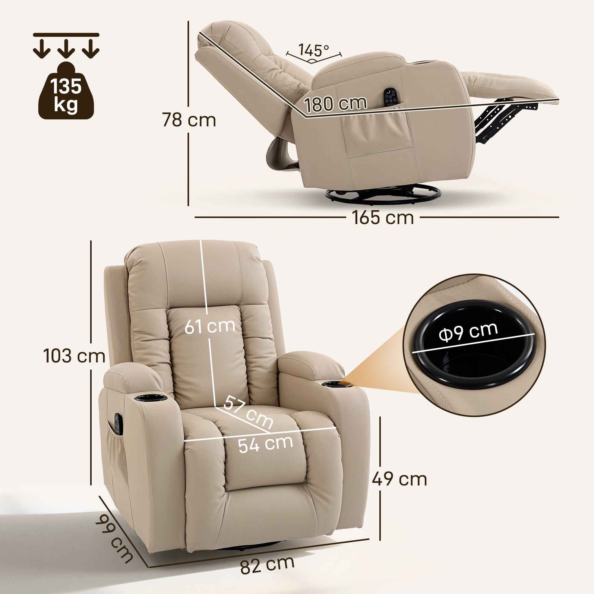 HOMCOM Heated Massage Recliner, 8 Massage Points and 3 Modes with Remote Control, PU Leather, Cream
