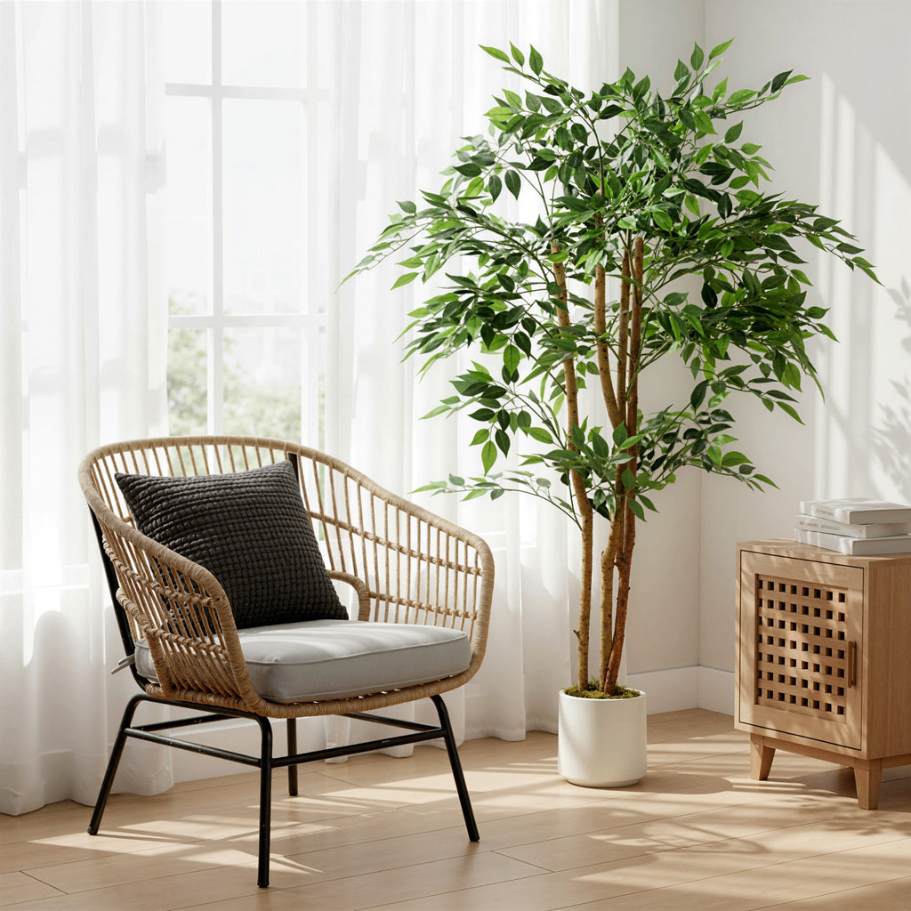 HOMCOM Artificial Banyan Tree Plant in PEVA and Wood with Adjustable Branches and White Container Pot in PP and Cement