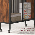 Foldable Table with 6 Wheels and Shelf Industrial Style Wood and Metal, Rustic Brown