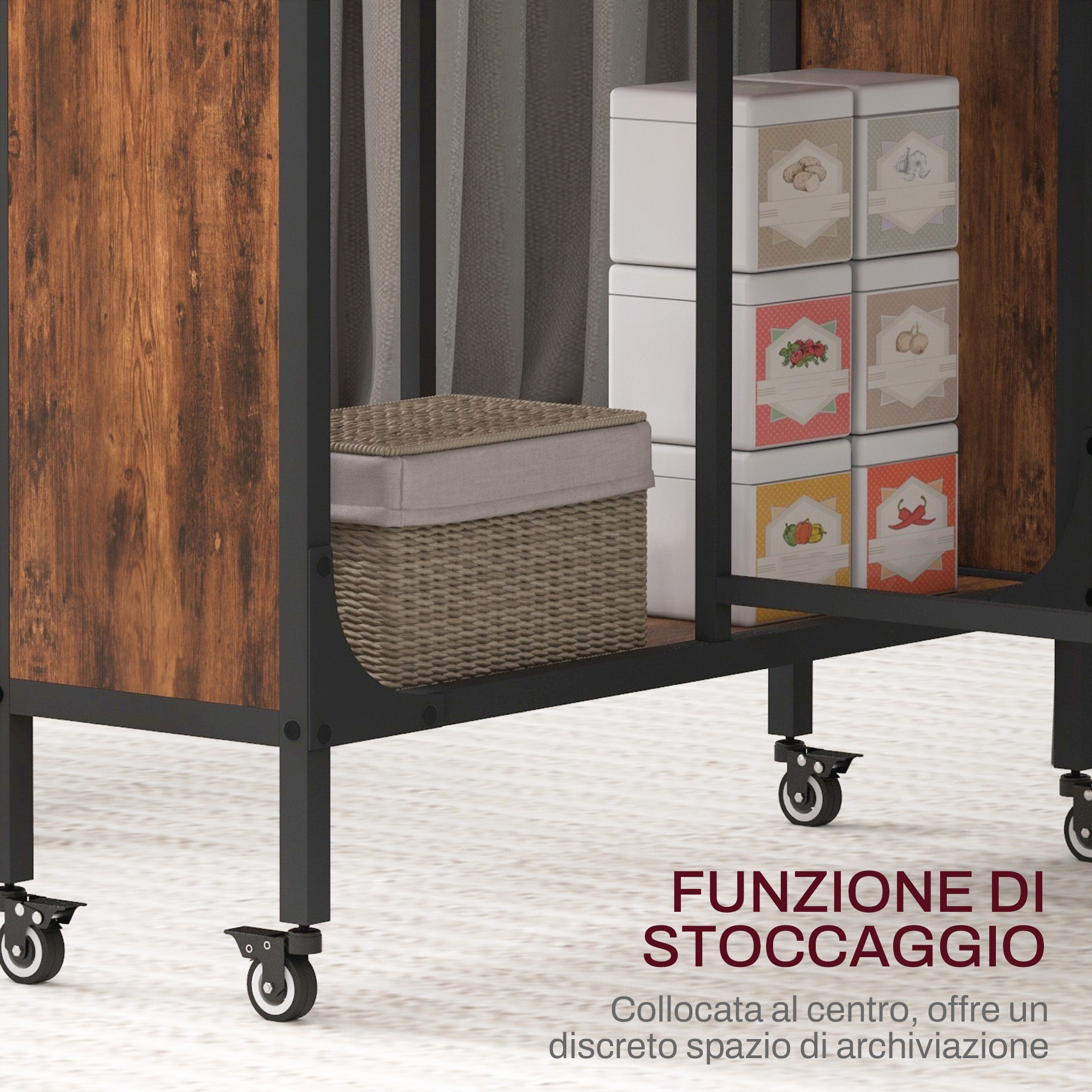 Foldable Table with 6 Wheels and Shelf Industrial Style Wood and Metal, Rustic Brown