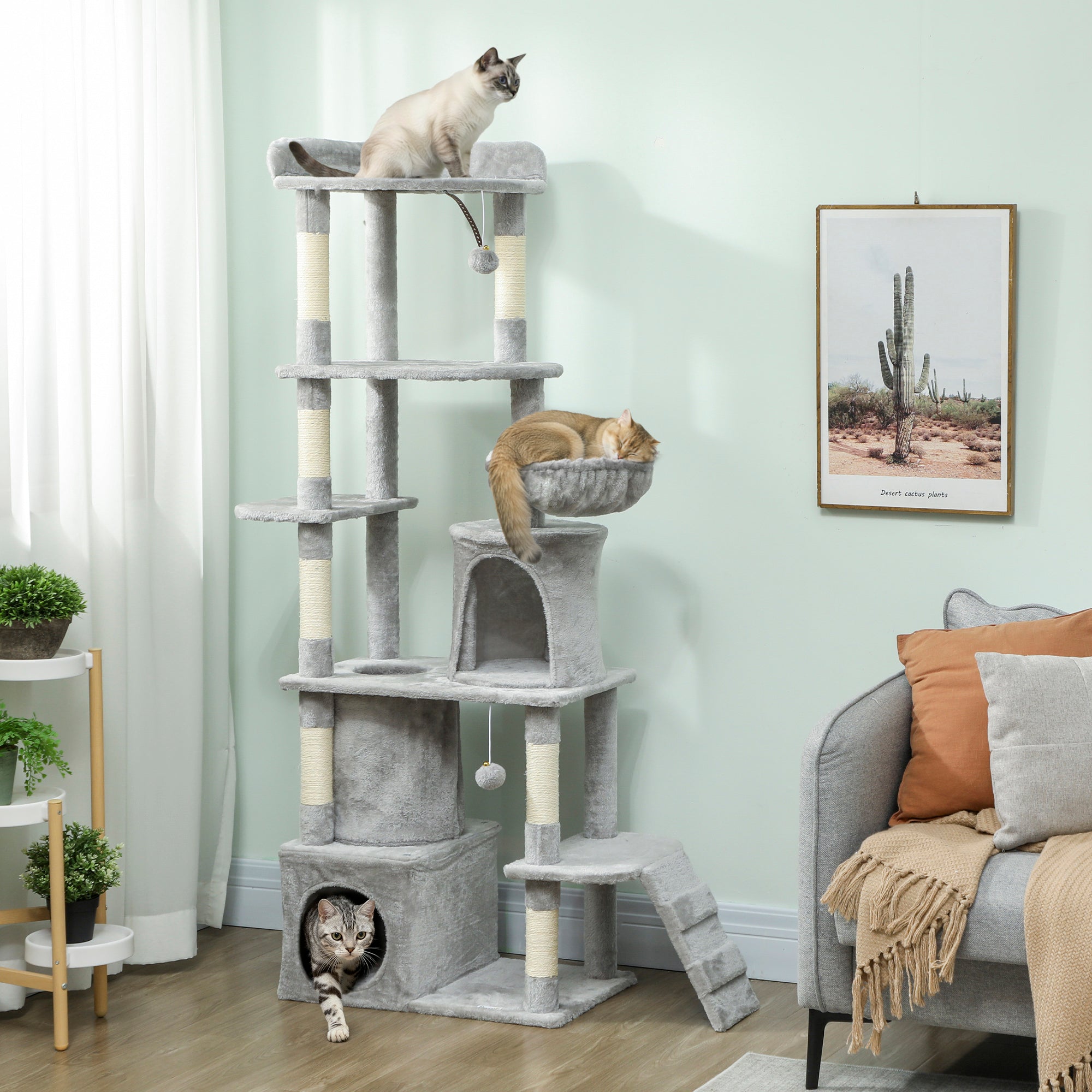 Cat Tree with 2 Houses, Hammock, Tunnel, and Bed, Sisal Poles, 60x40x170 cm, Grey