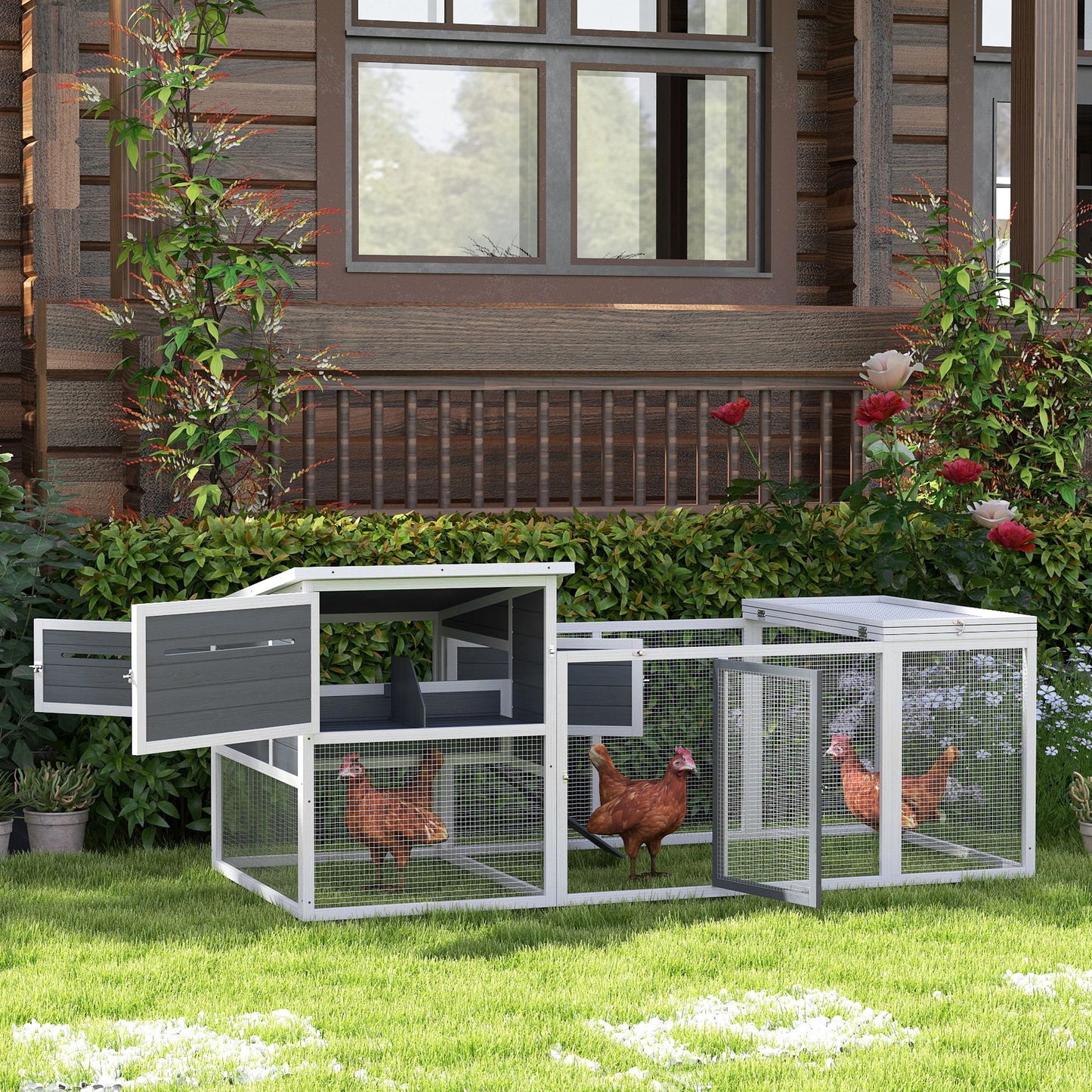 Chicken Coop with House, Nesting Box and Outdoor Area, 214x101x 91.5cm, Grey