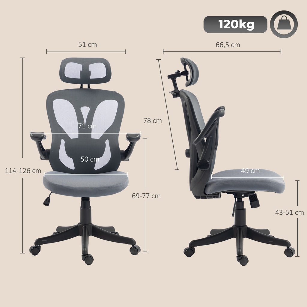 HOMCOM Ergonomic Office Chair with Flip-Up Armrests, Headrest, and Coat Rack, Dark Grey