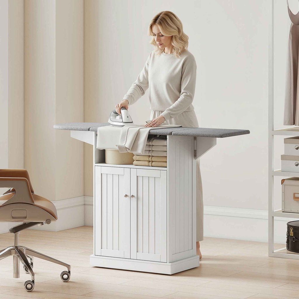 Ironing Cabinet with Folding Ironing Board and Cabinet, 131x37x88.5 cm, White
