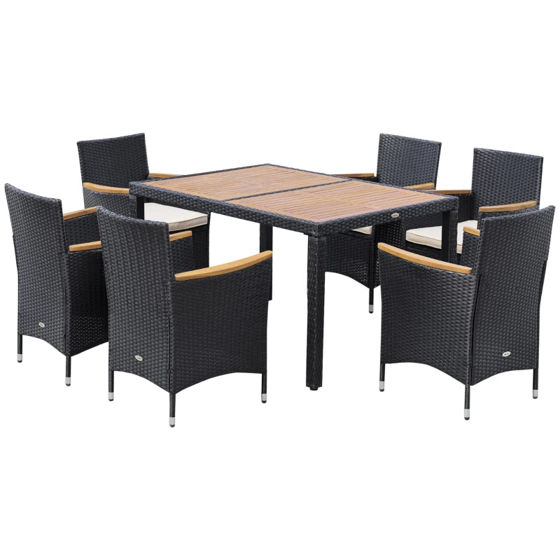 7-Piece Garden Table and Chair Set in PE Rattan and Wood with Soft Cushions, Black - Borge' Group Limited
