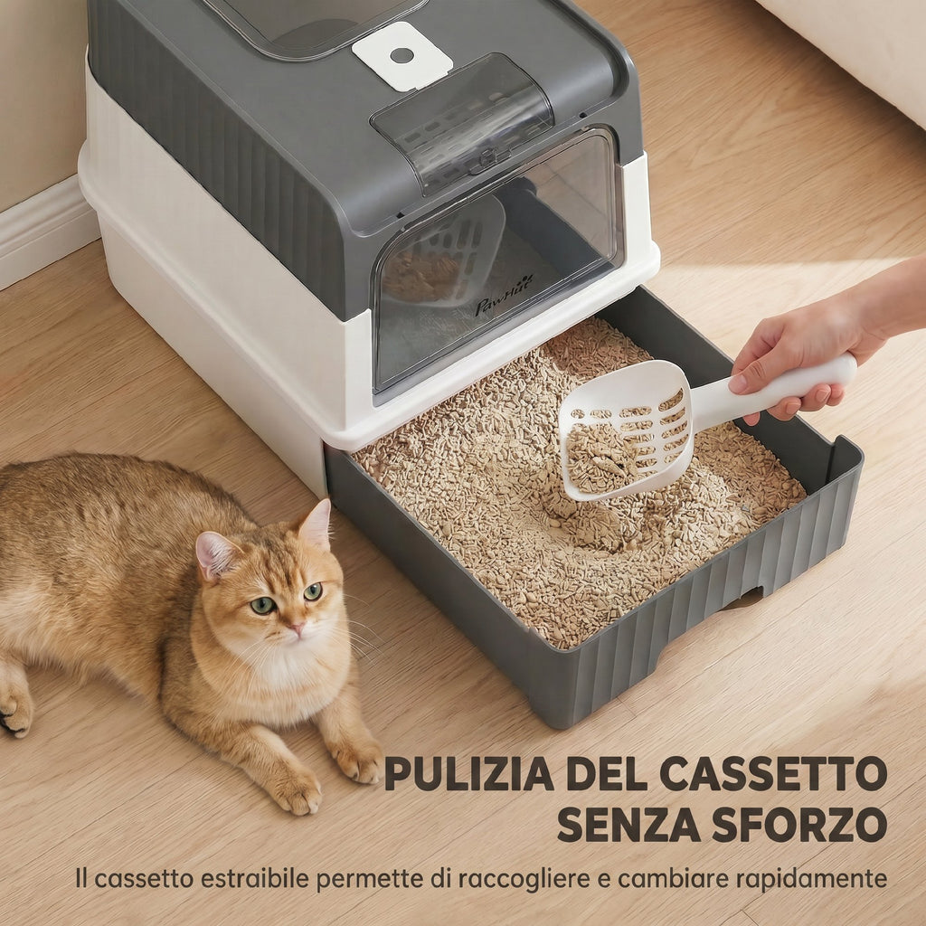 PawHut Cat Litter Box M with Lid, Removable Tray, Scoop, 4 Deodorant Packets, Grey