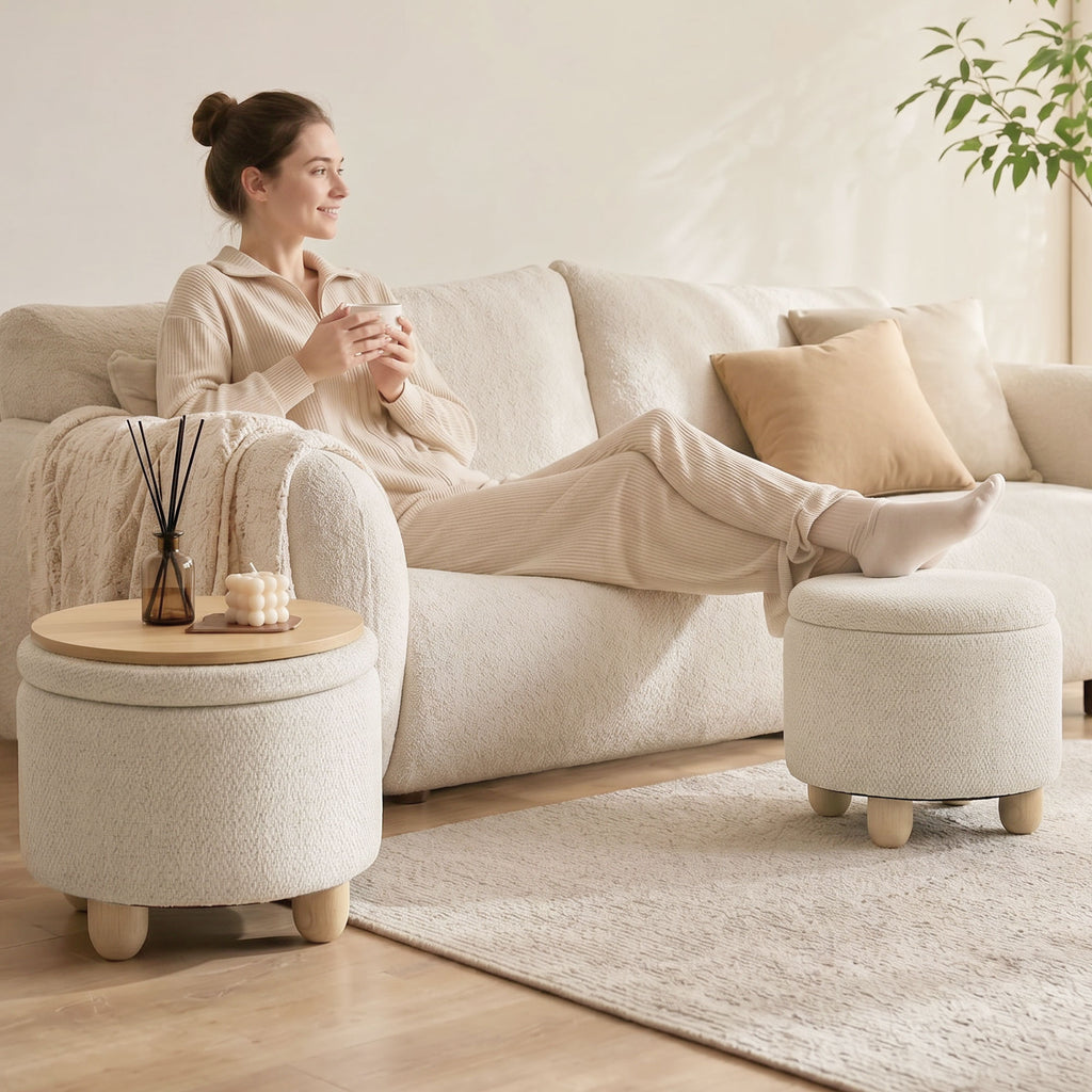 HOMCOM 19L Round Jute Fabric Storage Ottoman with Lid, 120kg Capacity, 38.5x38.5x33.5cm, Beige