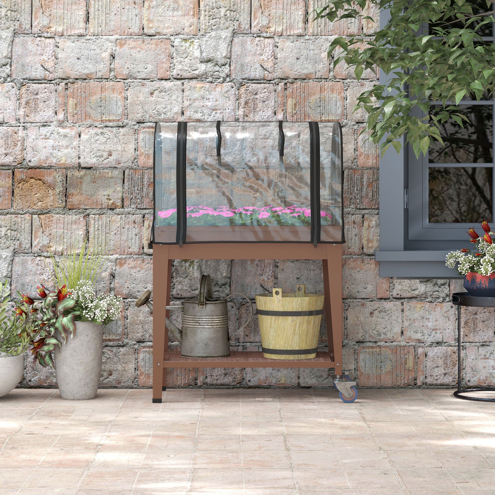Raised Planter with Mini Greenhouse for Plants, Wheels and Shelf, 80x40x120cm, Brown - Borgè