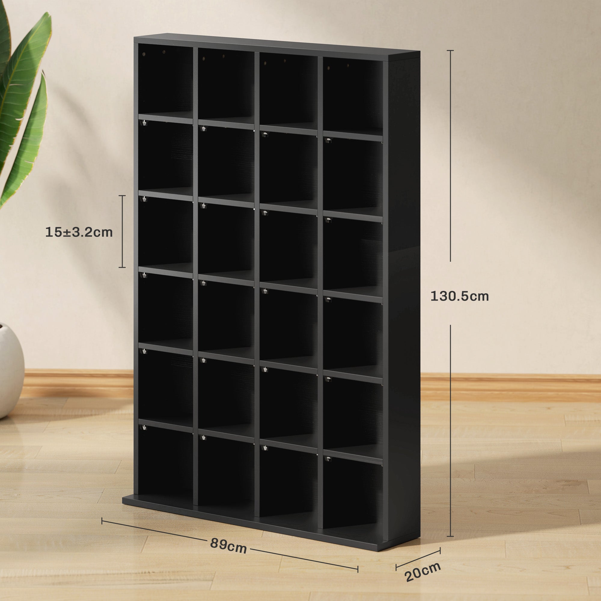 CD Cabinet with Adjustable Shelves for 456 CDs or 336 DVDs, 24 Compartments, 89x20x130.5 cm, Black