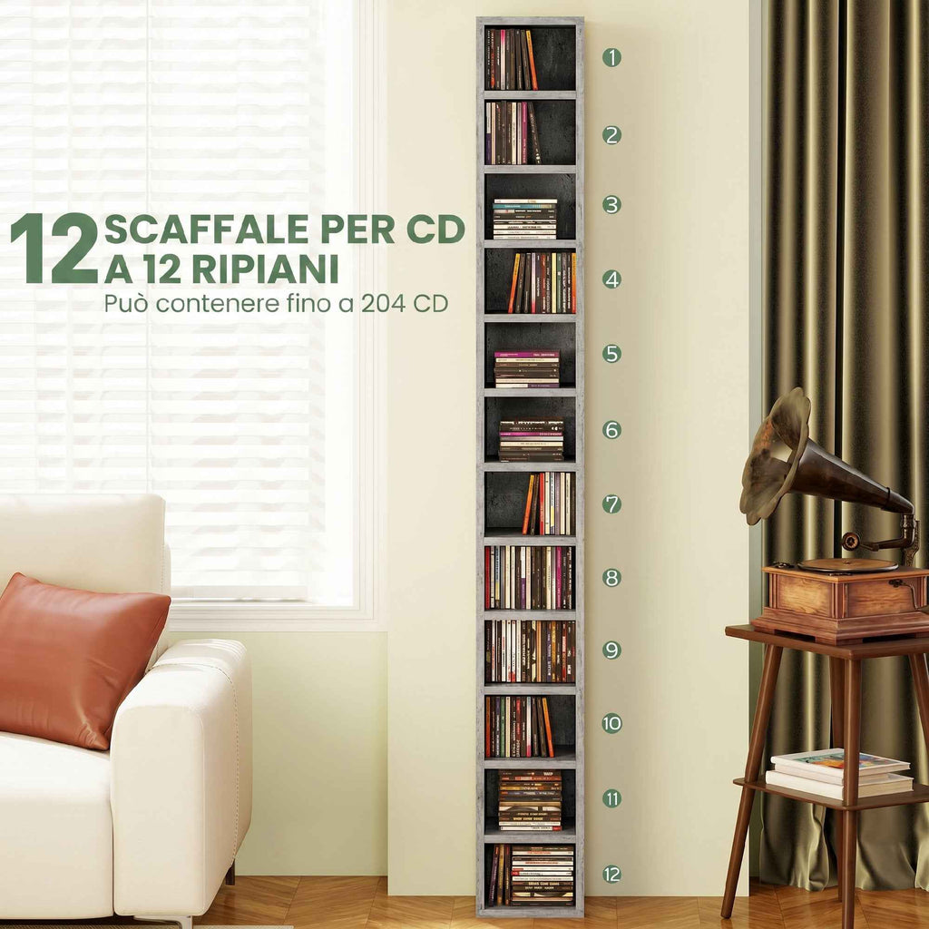 HOMCOM 12-Tier CD Storage Cabinet for 204 CDs, MDF and Chipboard, 21x20x175 cm, Grey