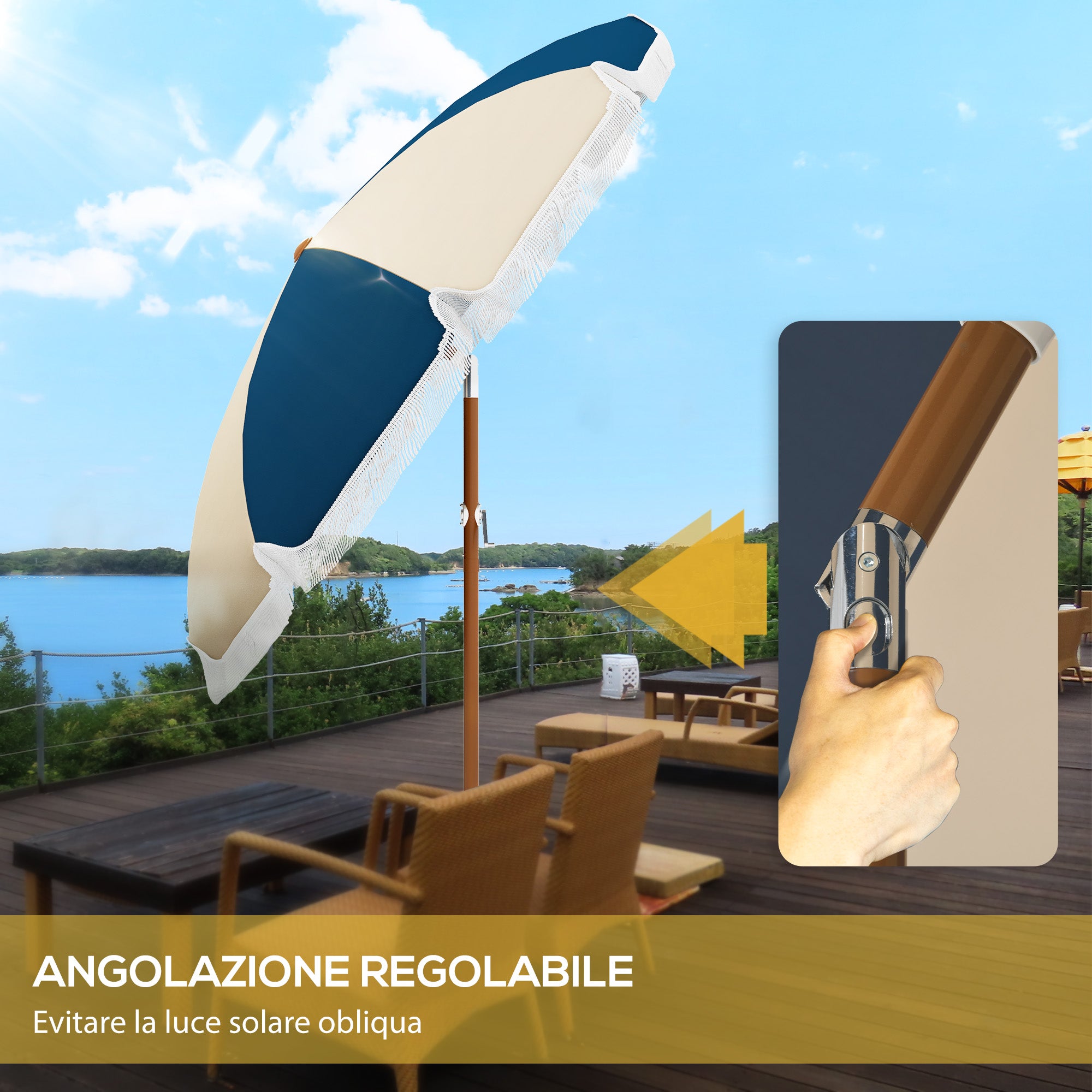 Round and Tilting Umbrella with 8 Ribs with Crank, in Polyester and Steel, Ø213x234 cm, Blue and Beige