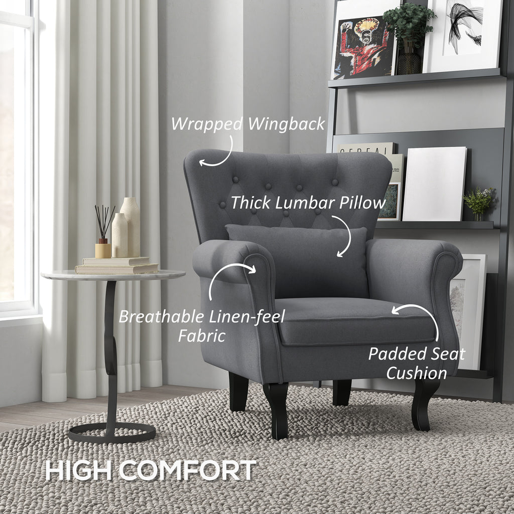 Homcom Vintage Living Room Armchair In Fabric With Lumbar Cushion and Padding, Dark Gray - Borgè