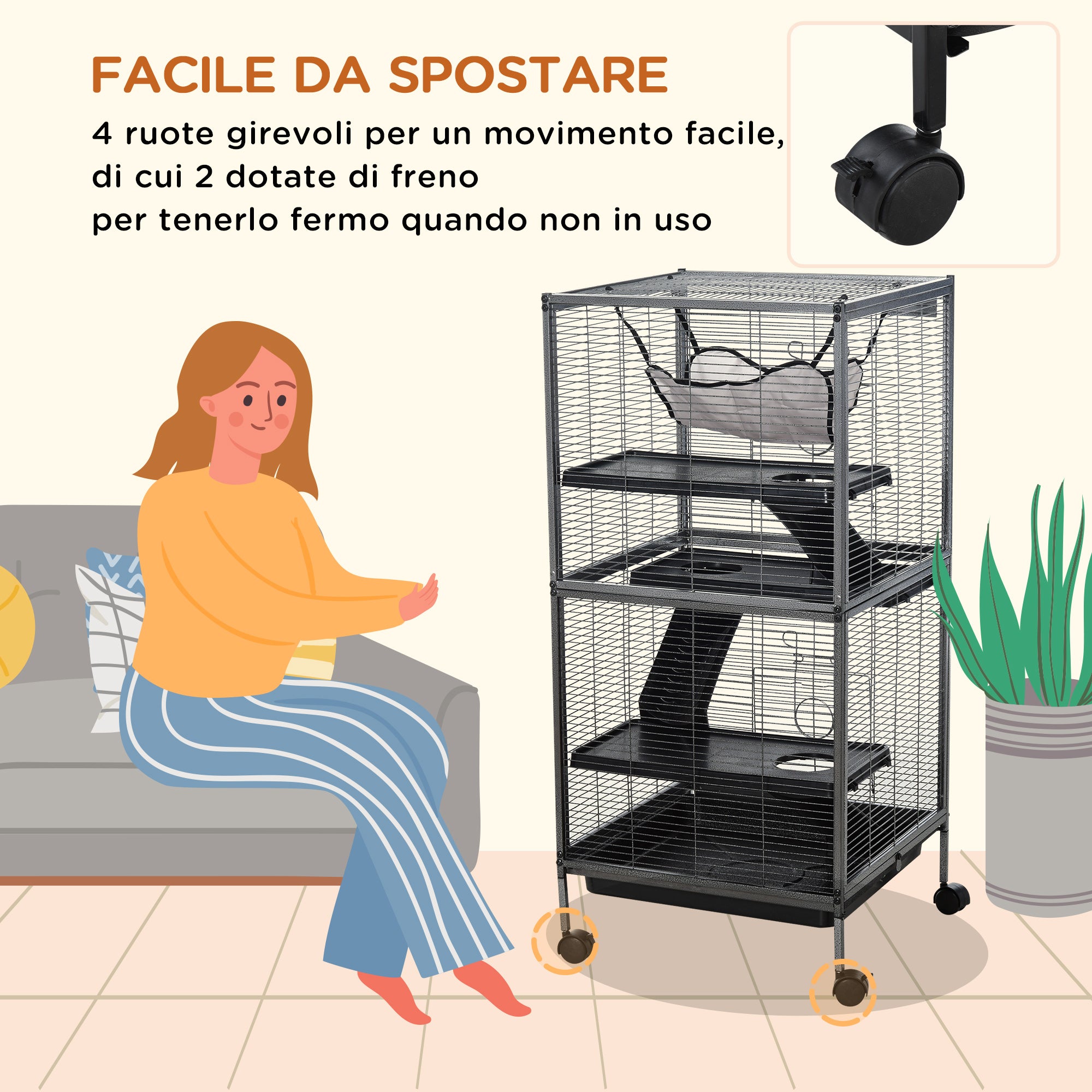 Small Pet Cage, Steel Guinea Pig and Chinchilla Cage with 3 Levels, 4 Wheels, Hammock and Removable Tray, 52 x 52 x 113.5cm, Silver Grey
