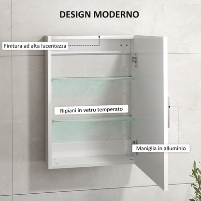 Wall-Mounted Wooden Bathroom Cabinet with 3 Adjustable Glass Shelves on 3 Levels, 40x15x55 cm, White