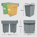 Pull-Out Under-Sink Waste Bin with Two 20L Buckets, 52 x 33.5 x 41 cm, Grey