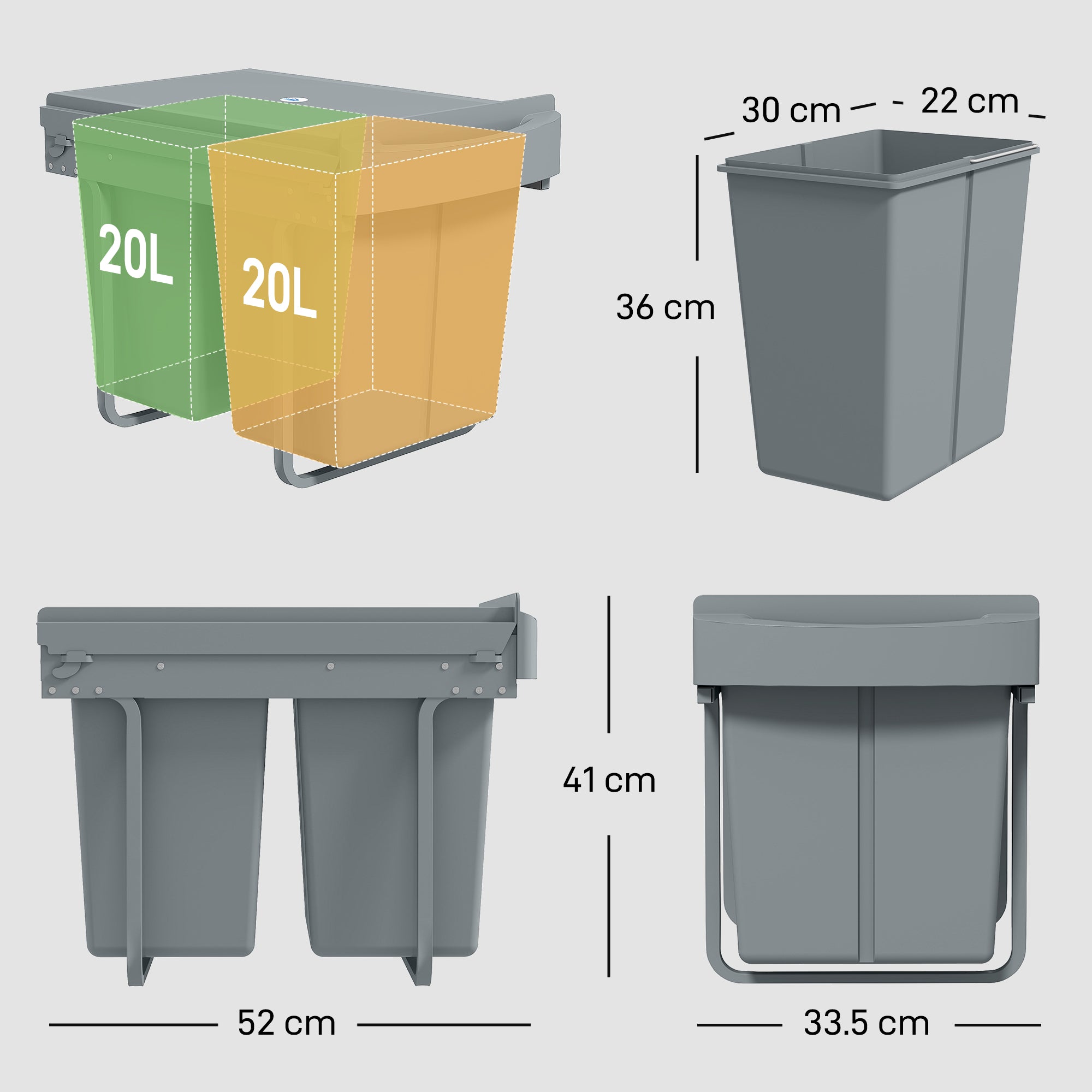 Pull-Out Under-Sink Waste Bin with Two 20L Buckets, 52 x 33.5 x 41 cm, Grey
