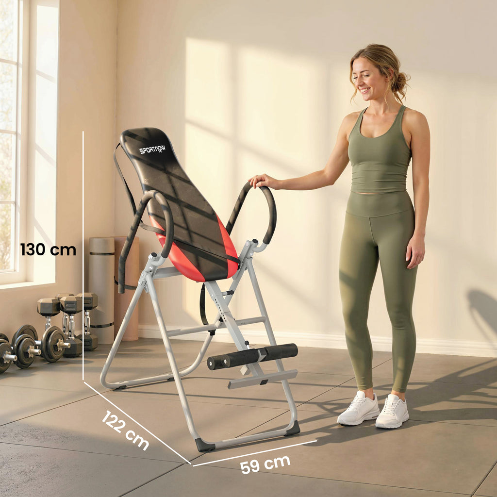 SPORTNOW Folding and Adjustable Inversion Bench with Safety Belt, Steel, 122x59x130 cm, Red and Black