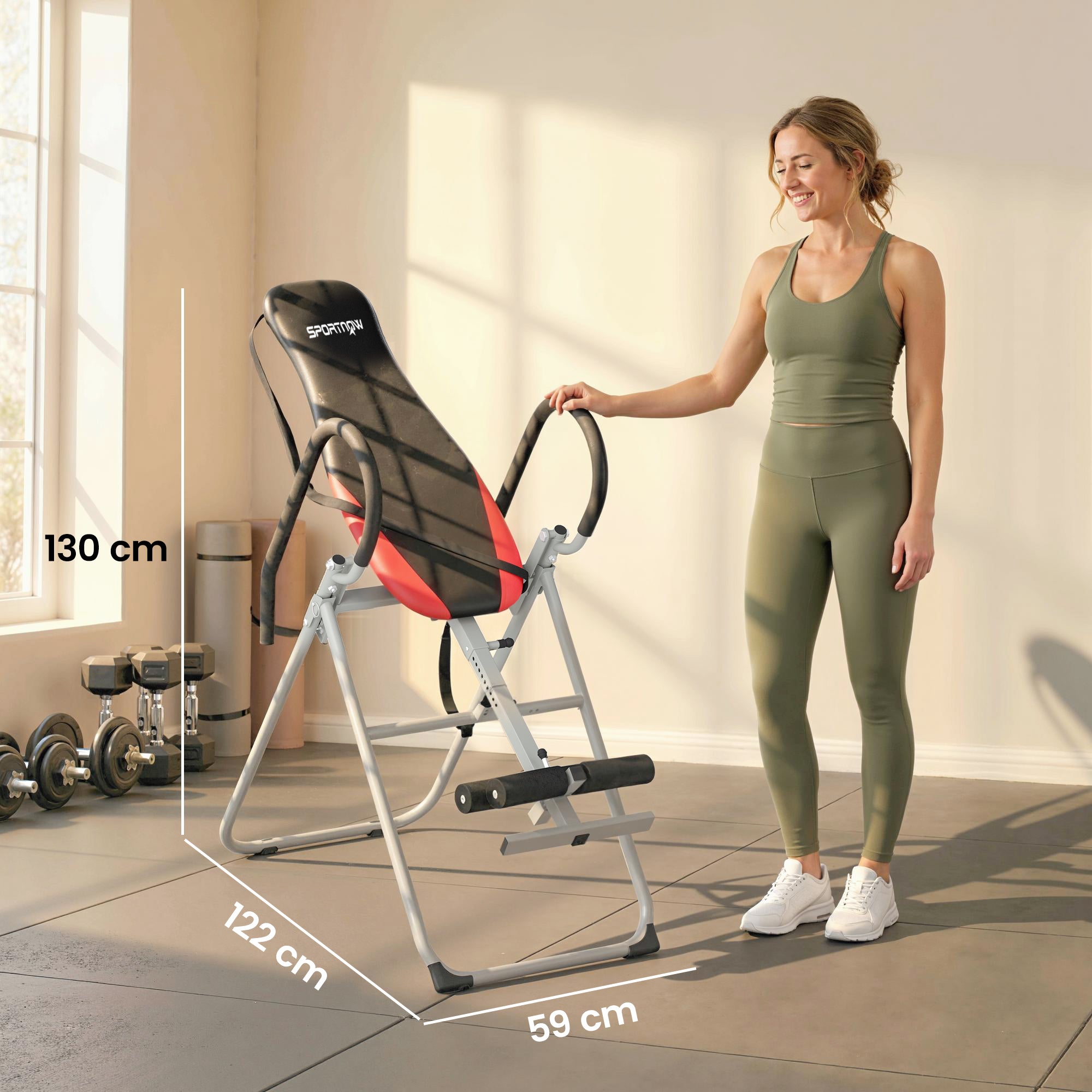 SPORTNOW Folding and Adjustable Inversion Bench with Safety Belt, Steel, 122x59x130 cm, Red and Black