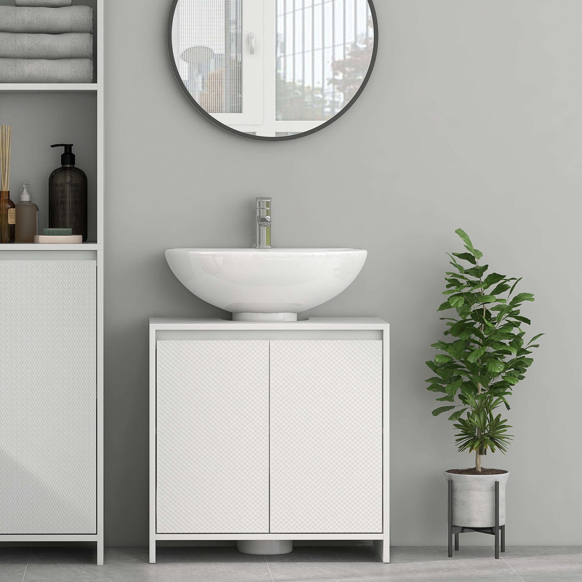 Bathroom Vanity Unit with 2 Decorated Doors and U-Cut for Pipes, 60x30x60cm, White