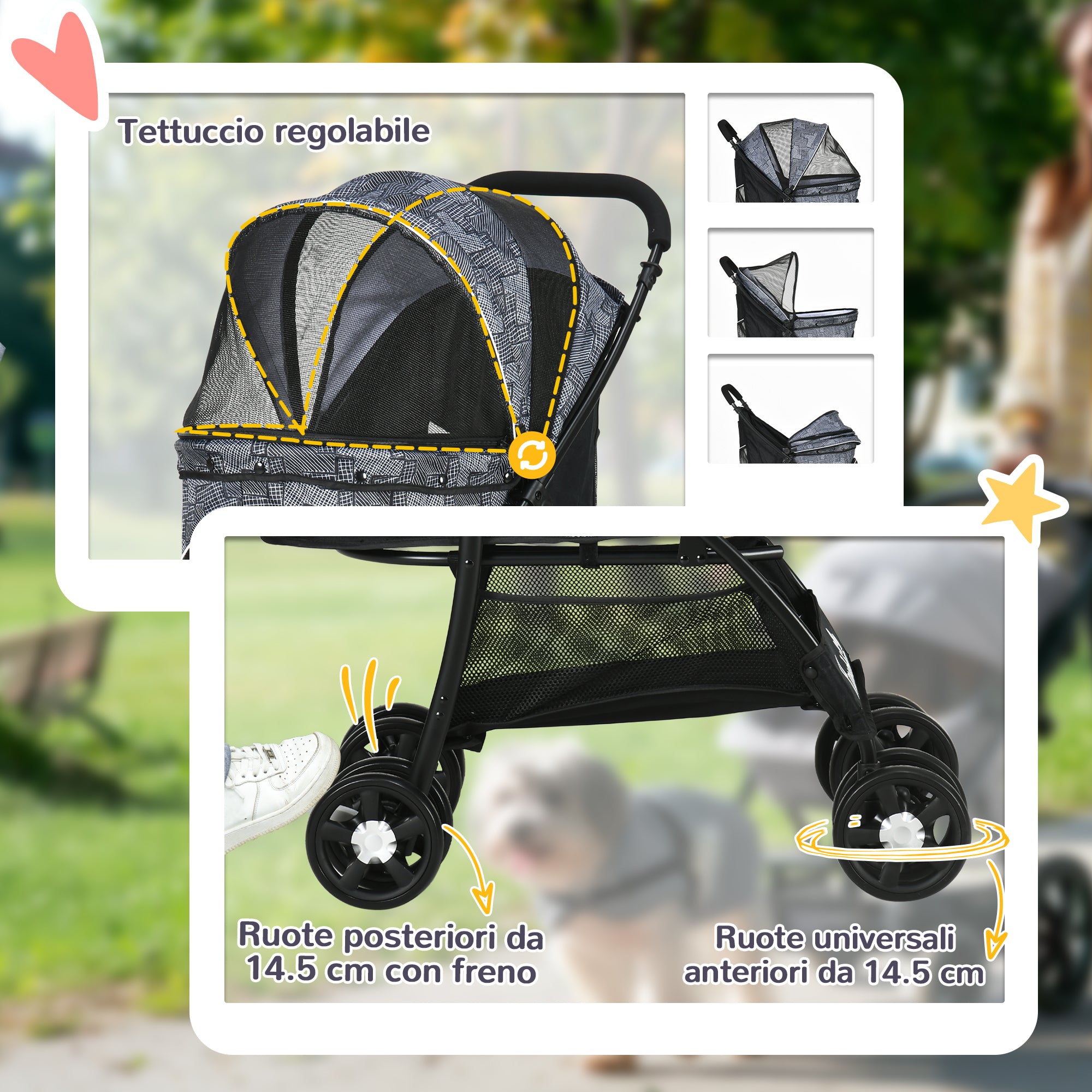 Dog Stroller with Basket, Cushion and 2 Leashes, Steel and Oxford Fabric, 81x48x99 cm, Black and Grey