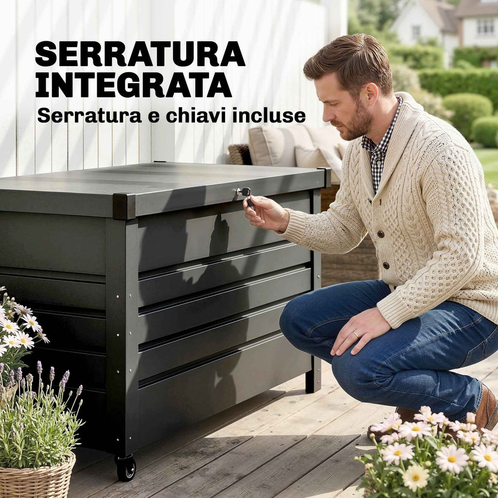 Outsunny 350L Metal Storage Box with Lockable Lid, Wheels, Side Handles, Grey